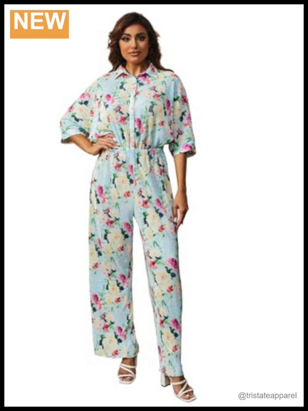 Short Sleeve V Neck Button Belted Wide Leg Loose Fit Jumpsuit